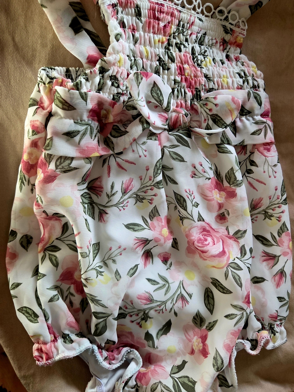 Girls Floral Bow Bubble Romper - White with Pink Floral